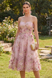 A-Line tule Sweetheart roze fuchsia geappliqueerde bloemenjurk midi jurk