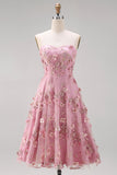 A-Line tule Sweetheart roze fuchsia geappliqueerde bloemenjurk midi jurk