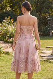 A-Line tule Sweetheart roze fuchsia geappliqueerde bloemenjurk midi jurk