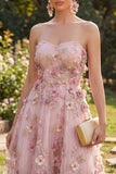 A-Line tule Sweetheart roze fuchsia geappliqueerde bloemenjurk midi jurk