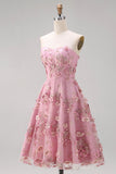 A-Line tule Sweetheart roze fuchsia geappliqueerde bloemenjurk midi jurk