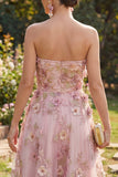 A-Line tule Sweetheart roze fuchsia geappliqueerde bloemenjurk midi jurk