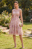 A-lijn tule roze fuchsia ronde hals geappliqueerde bloemen midi jurk