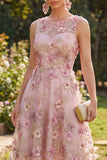 A-lijn tule roze fuchsia ronde hals geappliqueerde bloemen midi jurk
