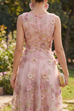 A-lijn tule roze fuchsia ronde hals geappliqueerde bloemen midi jurk
