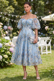 Off the Shoulder A-lijn tule blauw geappliqueerde gerimpelde bloemen midi-jurk