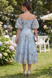 Off the Shoulder A-lijn tule blauw geappliqueerde gerimpelde bloemen midi-jurk