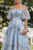 Off the Shoulder A-lijn tule blauw geappliqueerde gerimpelde bloemen midi-jurk