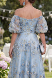 Off the Shoulder A-lijn tule blauw geappliqueerde gerimpelde bloemen midi-jurk