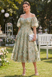 Off the Shoulder A-lijn tule blauw geappliqueerde gerimpelde bloemen midi-jurk