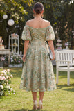 Off the Shoulder A-lijn tule blauw geappliqueerde gerimpelde bloemen midi-jurk