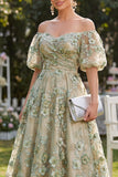 Off the Shoulder A-lijn tule blauw geappliqueerde gerimpelde bloemen midi-jurk