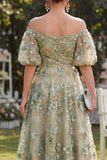 Off the Shoulder A-lijn tule blauw geappliqueerde gerimpelde bloemen midi-jurk