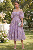 Off the Shoulder A-lijn tule blauw geappliqueerde gerimpelde bloemen midi-jurk