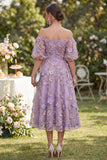 Off the Shoulder A-lijn tule blauw geappliqueerde gerimpelde bloemen midi-jurk
