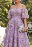 Off the Shoulder A-lijn tule blauw geappliqueerde gerimpelde bloemen midi-jurk