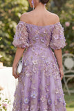 Off the Shoulder A-lijn tule blauw geappliqueerde gerimpelde bloemen midi-jurk