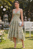 Tule Stoffy Green A-Line geappliqueerde korset met kralen bezette midi bloemenjurk