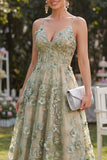 Tule Stoffy Green A-Line geappliqueerde korset met kralen bezette midi bloemenjurk