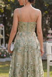 Tule Stoffy Green A-Line geappliqueerde korset met kralen bezette midi bloemenjurk