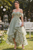 Off-the-shoulder organza stoffige groene A-lijn geappliqueerde korset midi bloemenjurk