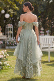 Off-the-shoulder organza stoffige groene A-lijn geappliqueerde korset midi bloemenjurk