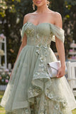 Off-the-shoulder organza stoffige groene A-lijn geappliqueerde korset midi bloemenjurk