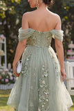Off-the-shoulder organza stoffige groene A-lijn geappliqueerde korset midi bloemenjurk