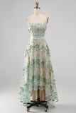 Stoffy Sage korset High Low A-Line strapless parels lange trouwjurk met applicaties
