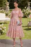 Roze oranje off the shoulder A-lijn tule geappliqued met gerimpelde midi bloemenjurk