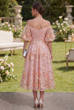 Roze oranje off the shoulder A-lijn tule geappliqued met gerimpelde midi bloemenjurk