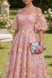 Roze oranje off the shoulder A-lijn tule geappliqued met gerimpelde midi bloemenjurk