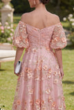 Roze oranje off the shoulder A-lijn tule geappliqued met gerimpelde midi bloemenjurk