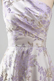 Stoffige lavendelkleurige Formele Jacquard Maxi Formele Jurk met één schouder A-lijn