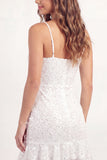 Witte kanten bodycon spaghettibandjes mini afstudeerjurk met ruches