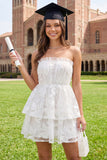 Off-the-shoulder witte A-lijn bloemen gerimpelde mini afstudeerjurk