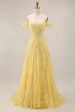 Off-the-shoulder gele kanten A-lijn korset-appliqueerde lange galajurk