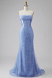 Satijn zeemeermin blauw strapless parel versierd korset lange galajurk met kralen