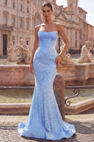 Satijn zeemeermin blauw strapless parel versierd korset lange galajurk met kralen