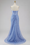 Satijn zeemeermin blauw strapless parel versierd korset lange galajurk met kralen