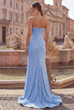 Satijn zeemeermin blauw strapless parel versierd korset lange galajurk met kralen