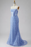 Satijn zeemeermin blauw strapless parel versierd korset lange galajurk met kralen