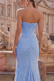 Satijn zeemeermin blauw strapless parel versierd korset lange galajurk met kralen