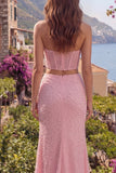 Roze zeemeermin-kralen, strapless 2-delig korset lange galajurk met split