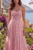 A-lijn roze kralenloze strapless pailletten met een korset lange galajurk met 3D-bloemen