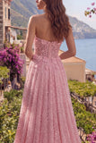 A-lijn roze kralenloze strapless pailletten met een korset lange galajurk met 3D-bloemen
