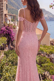Roze zeemeerminpailletten koude schouder lange galajurk met split