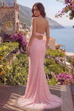 Glinsterende roze zeemeermin halter hals rugloze pailletten lange galajurk met split