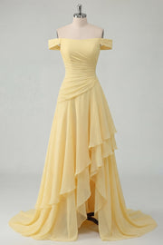 Off-the-shoulder chiffon botergele A-lijn gerimpelde maxijurk met split