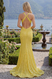 Glinsterende Zeemeermin Geel Halter Hals, Pailletten Lange Galajurk
